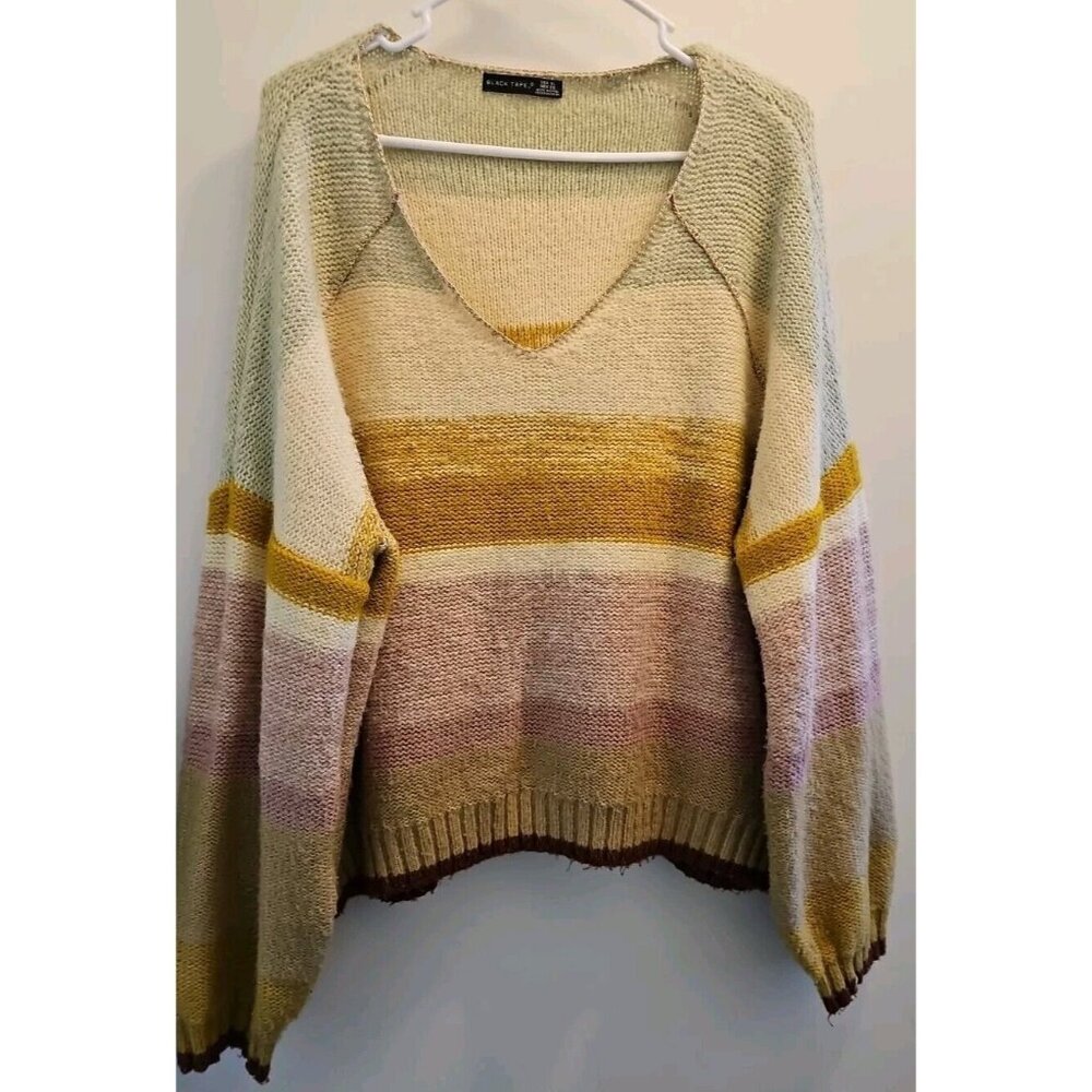 Black Tape Women Fairy Striped Henley Puffer Sleeve V-Neck Sweater Sz XL
